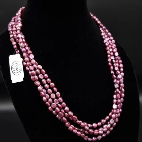 Long Multi-Strand Pink Freshwater Pearls Necklace In Lustrous Purple